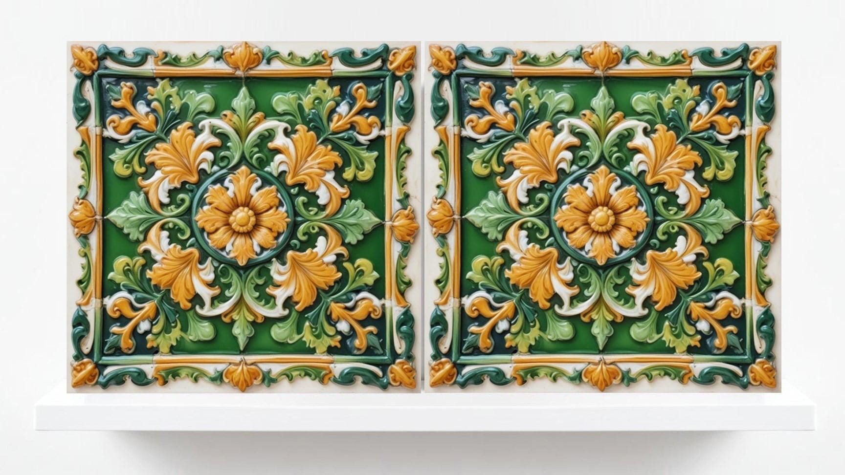 Italian Majolica Floral Tile -Set of 2 Sicilian Tiles Flower Wall Decor -Kitchen Backsplash,Bathroom, Shower Wall,Fireplace,Sink Splashback
