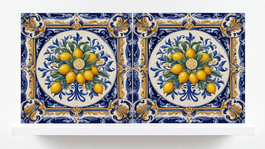 Lemon Tile - Blue Majolica -Set of 2 Sicilian Wall Decor Tiles - Kitchen Backsplash,Shower,Bathroom Wall,Sink Splashback, Coaster,Fireplace