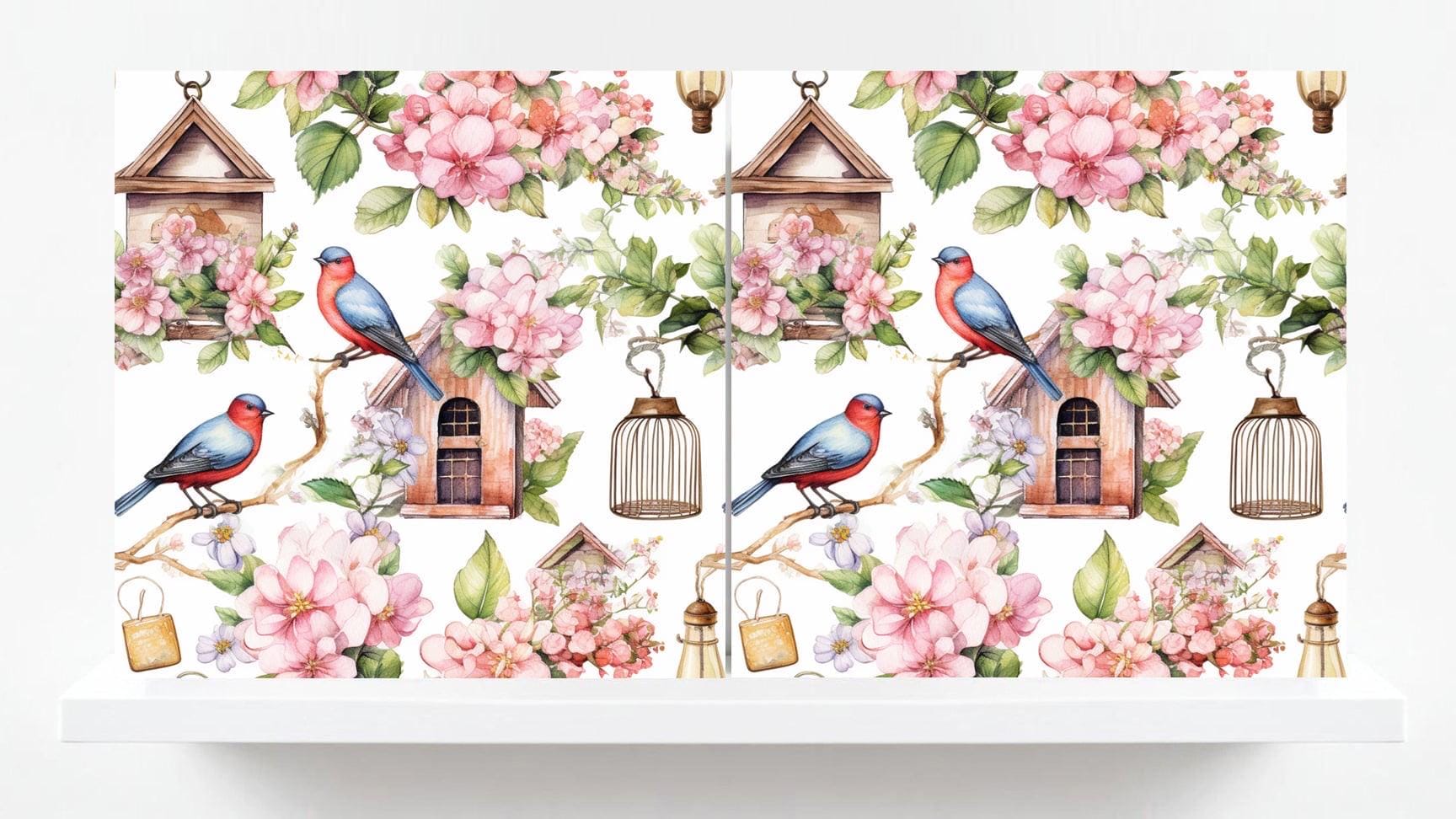 Bird Floral Ceramic Tiles - Set of 2 Botanical Wall Art Print Decor Tiles -Kitchen Backsplash,Bathroom,Shower Wall,Sink Splashback,Fireplace