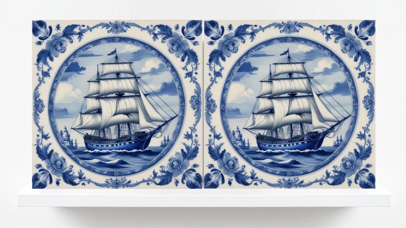 Delft Blue Ceramic Tile - Set of 2 Ceramic Delftware Tiles-Delft Tile with Ship - Delft Prints- Kitchen Backsplash,Sink,Bathroom,Shower Wall