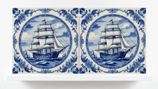 Delft Blue Ceramic Tile - Set of 2 Ceramic Delftware Tiles-Delft Tile with Ship - Delft Prints- Kitchen Backsplash,Sink,Bathroom,Shower Wall