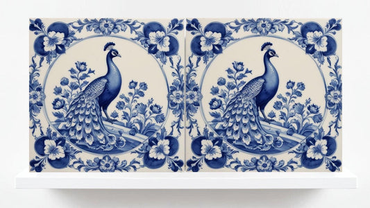 Delft Blue Tile Animal-Bird Tile-Set of 2 Ceramic Delftware Tiles-Delft Prints-Peacock Tiles - Kitchen Backsplash,Sink,Bathroom,Shower Wall
