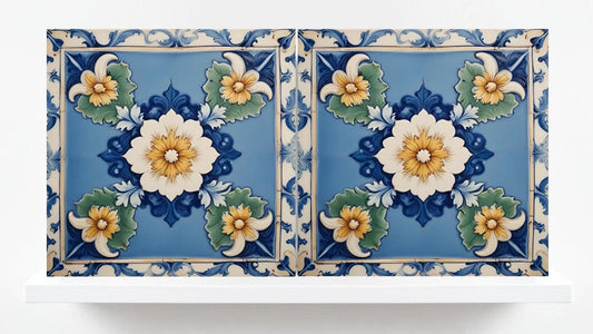 Italian Majolica Floral Tiles - Set of 2 Mediterranean Flower Wall Decor -Kitchen Backsplash,Bathroom, Shower Wall,Fireplace,Sink Splashback