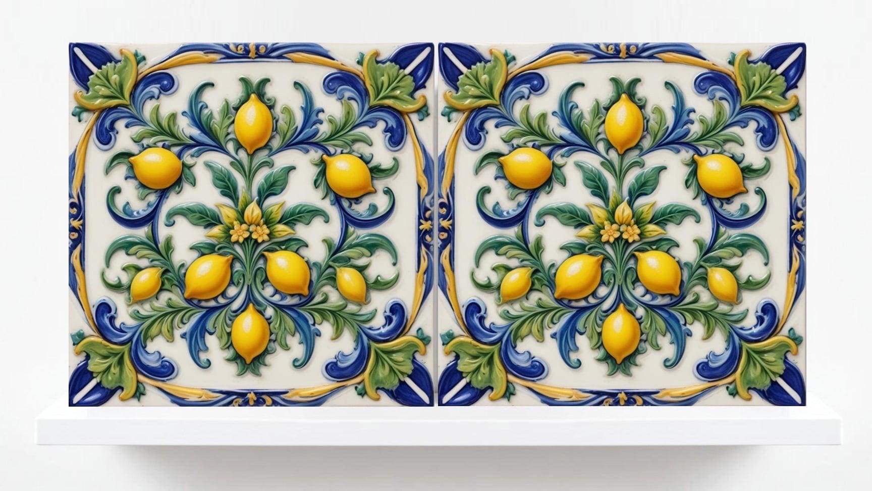 Italian Majolica Lemon Tiles - Set of 2 Sicilian Wall Decor Tiles -Kitchen Backsplash,Bathroom,Shower Wall,Fireplace,Sink Splashback,Coaster