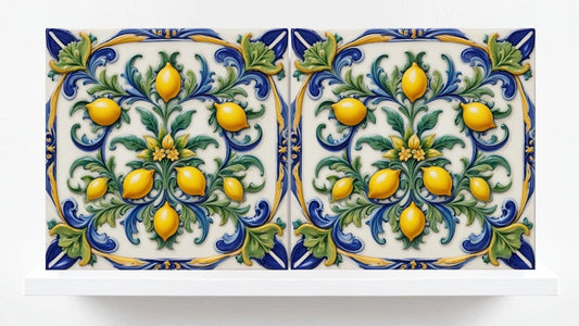 Italian Majolica Lemon Tiles - Set of 2 Sicilian Wall Decor Tiles -Kitchen Backsplash,Bathroom,Shower Wall,Fireplace,Sink Splashback,Coaster