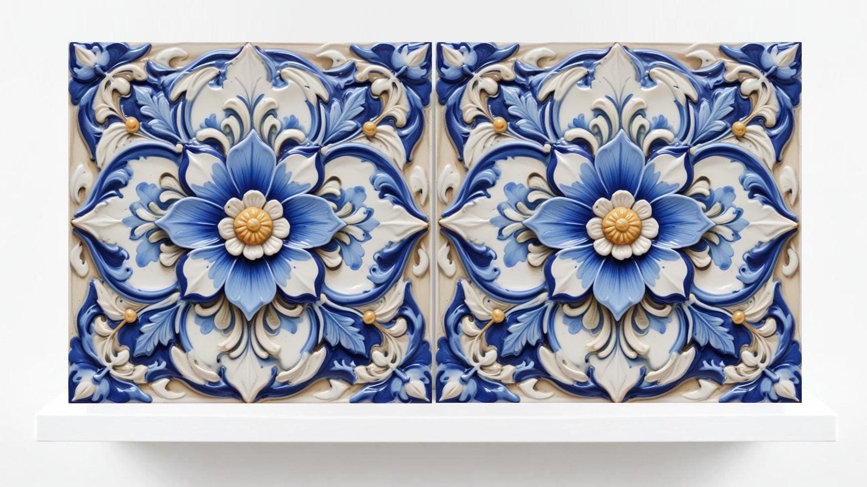 Italian Majolica Tiles Flower -Set of 2 Sicilian Wall Decor Tiles-Kitchen Backsplash Tiles, Sink Splashback,Bathroom,Shower Wall Art,Coaster