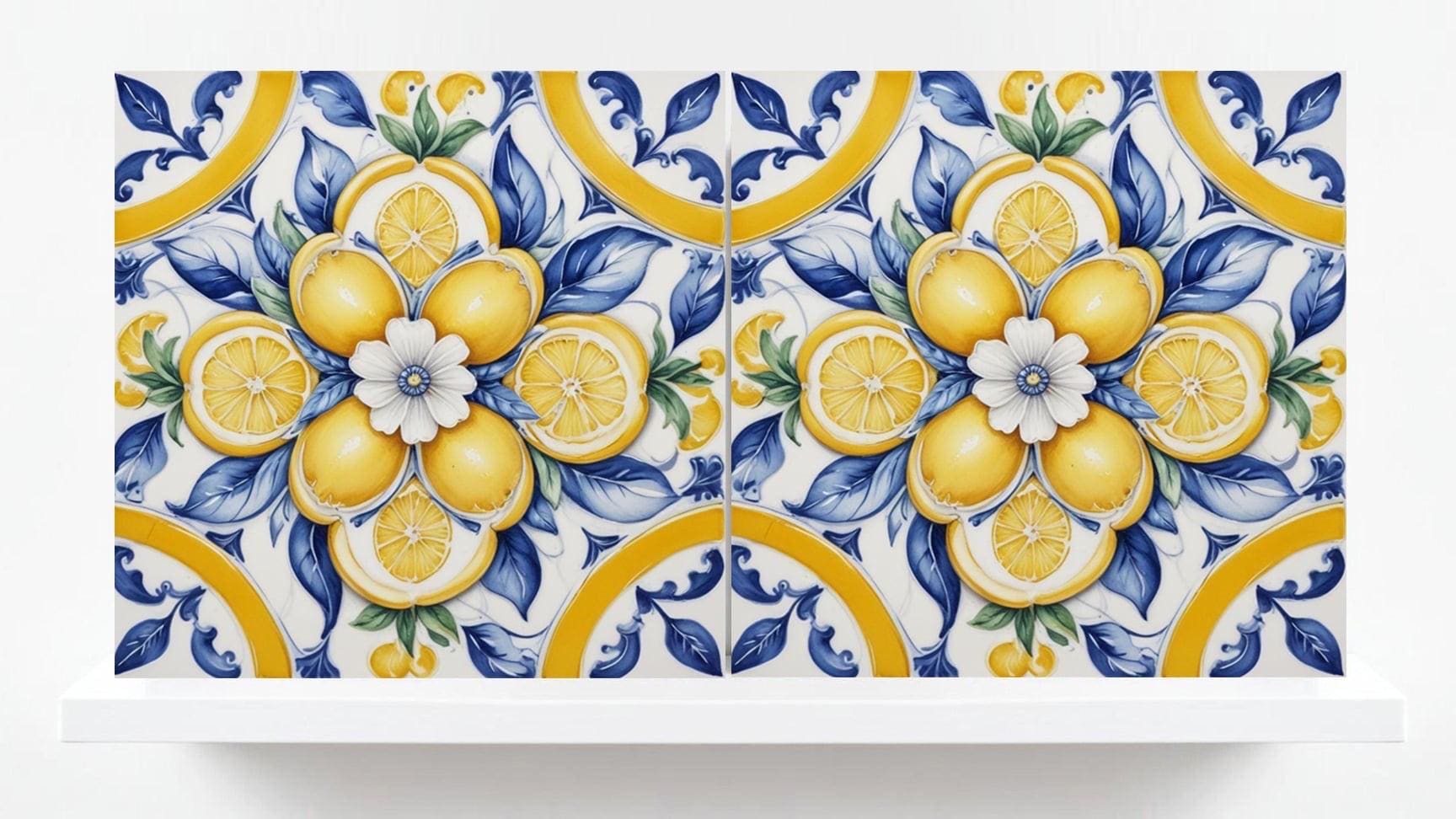 Italian Majolica Lemon Tiles - Set of 2 Mediterranean Flower Wall Decor -Kitchen Backsplash,Bathroom, Shower Wall,Fireplace,Sink Splashback