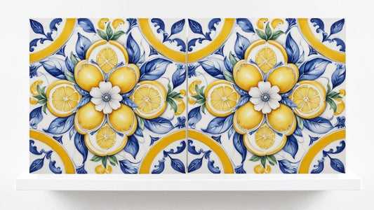 Italian Majolica Lemon Tiles - Set of 2 Mediterranean Flower Wall Decor -Kitchen Backsplash,Bathroom, Shower Wall,Fireplace,Sink Splashback