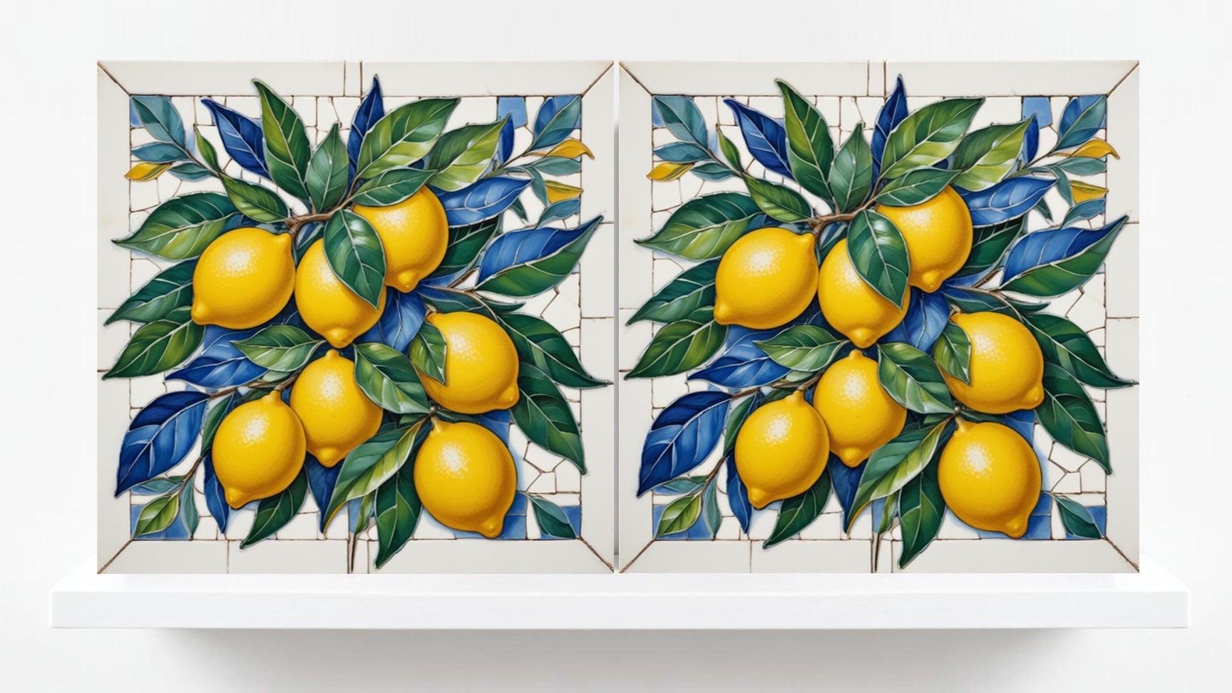 Italian Majolica Lemon Tiles - Set of 2 Fruit Wall Decor Tiles -Kitchen Backsplash,Bathroom,Shower Wall,Fireplace, Sink Splashback