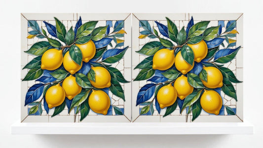 Italian Majolica Lemon Tiles - Set of 2 Fruit Wall Decor Tiles -Kitchen Backsplash,Bathroom,Shower Wall,Fireplace, Sink Splashback