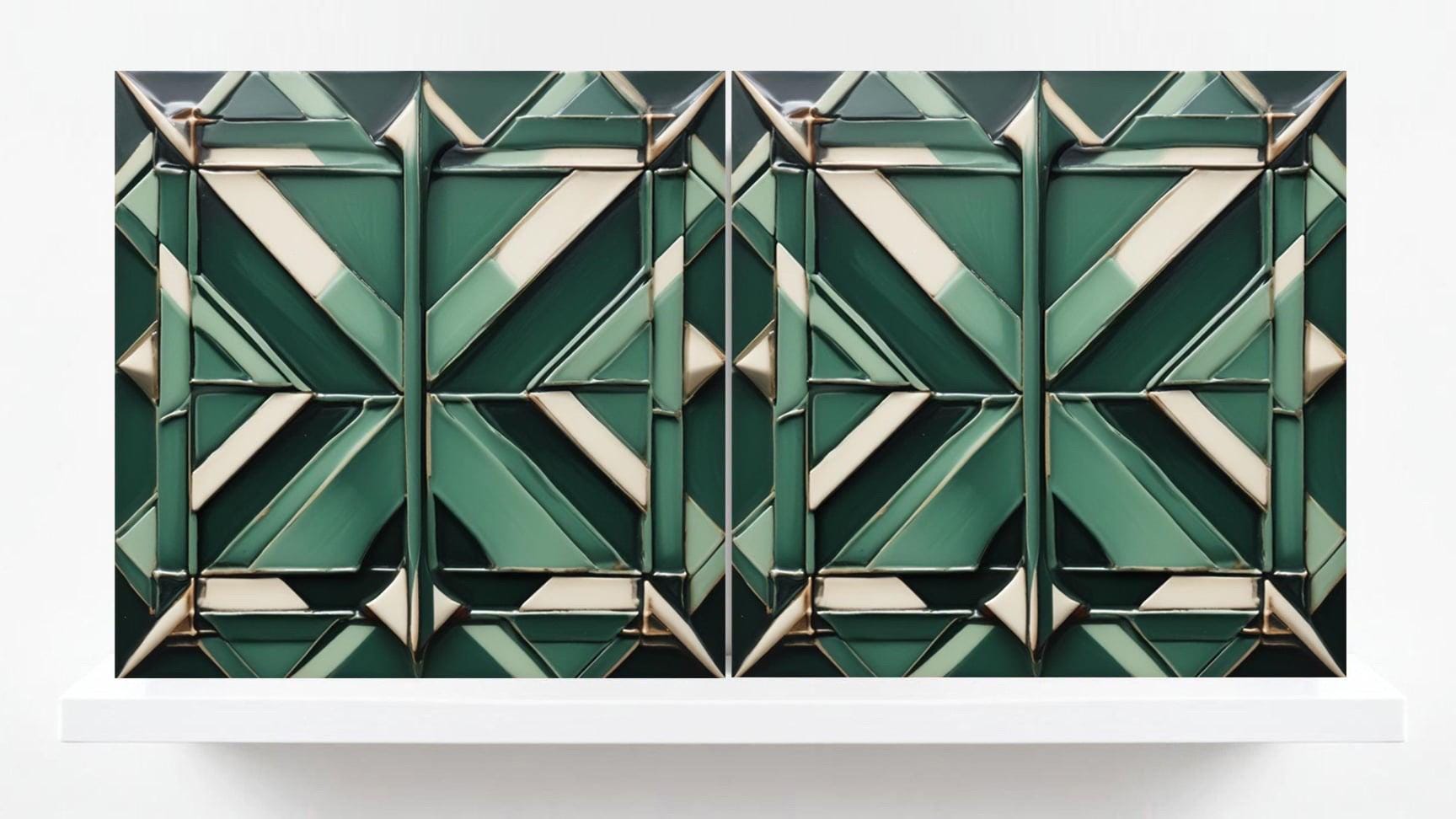 Art Deco Ceramic Tiles Green-Set of 2 Retro Wall Decor Geometric Tiles -Kitchen Backsplash,Shower,Bathroom Wall,Sink Splashback,Fireplace