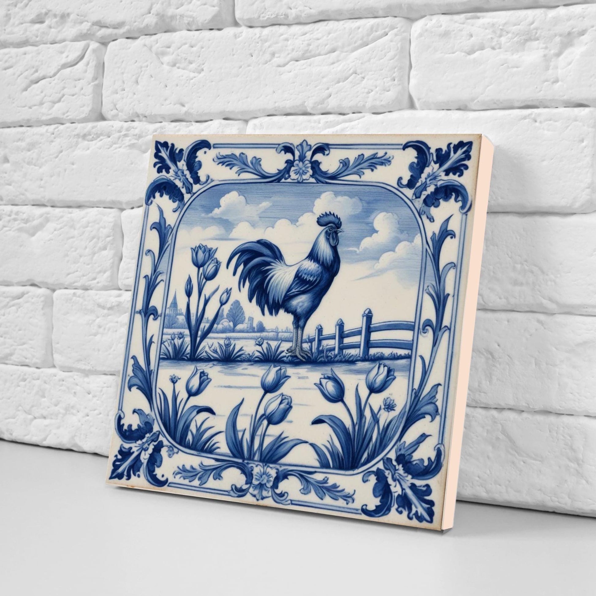 Rooster Tile-Delft Bird-Dutch Blue Ceramic Tile - Set of 2 Ceramic Delftware Tiles-Delft Prints-Kitchen Backsplash,Sink,Bathroom,Shower Wall