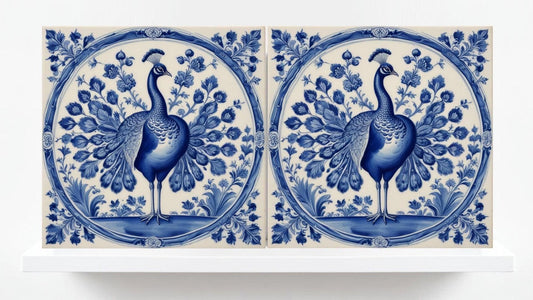 Delft Blue Tile Animal-Bird Tile-Set of 2 Ceramic Delftware Tiles-Delft Prints-Peacock Tiles - Kitchen Backsplash,Sink,Bathroom,Shower Wall