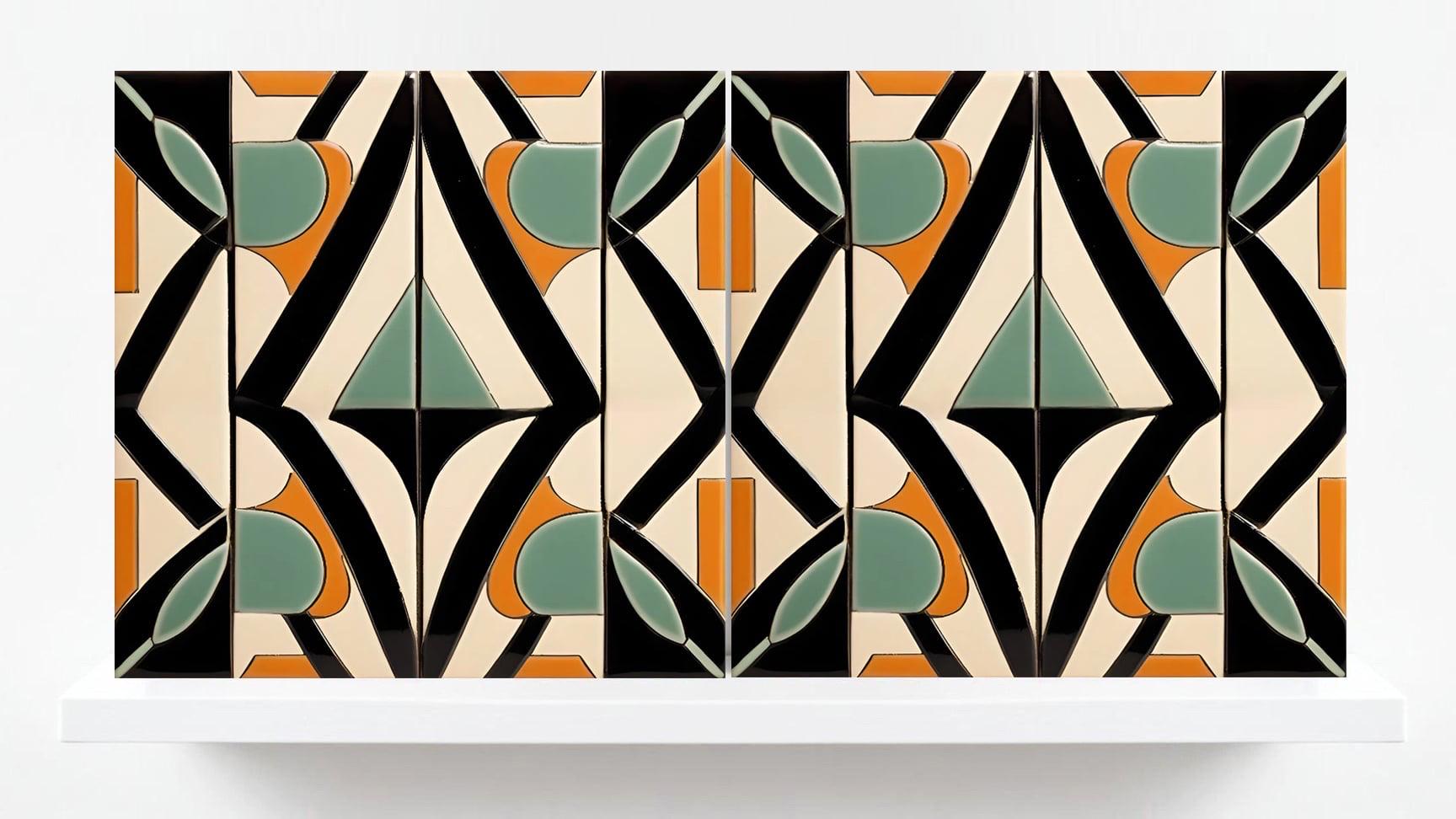 Art Deco Tile Backsplash - Set of 2 Retro Wall Decor Geometric Tiles - Kitchen, Bathroom, Sink Splashback,Shower Wall Art,Fireplace Tiles