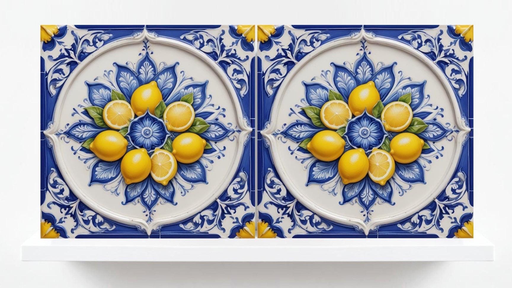 Italian Majolica Lemon Fruit Tiles - Set of 2 Sicilian Wall Decor Tiles - Kitchen Backsplash,Shower,Bathroom Art ,Fireplace,Sink Splashback