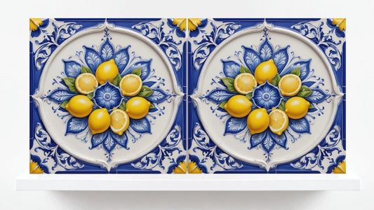 Italian Majolica Lemon Fruit Tiles - Set of 2 Sicilian Wall Decor Tiles - Kitchen Backsplash,Shower,Bathroom Art ,Fireplace,Sink Splashback