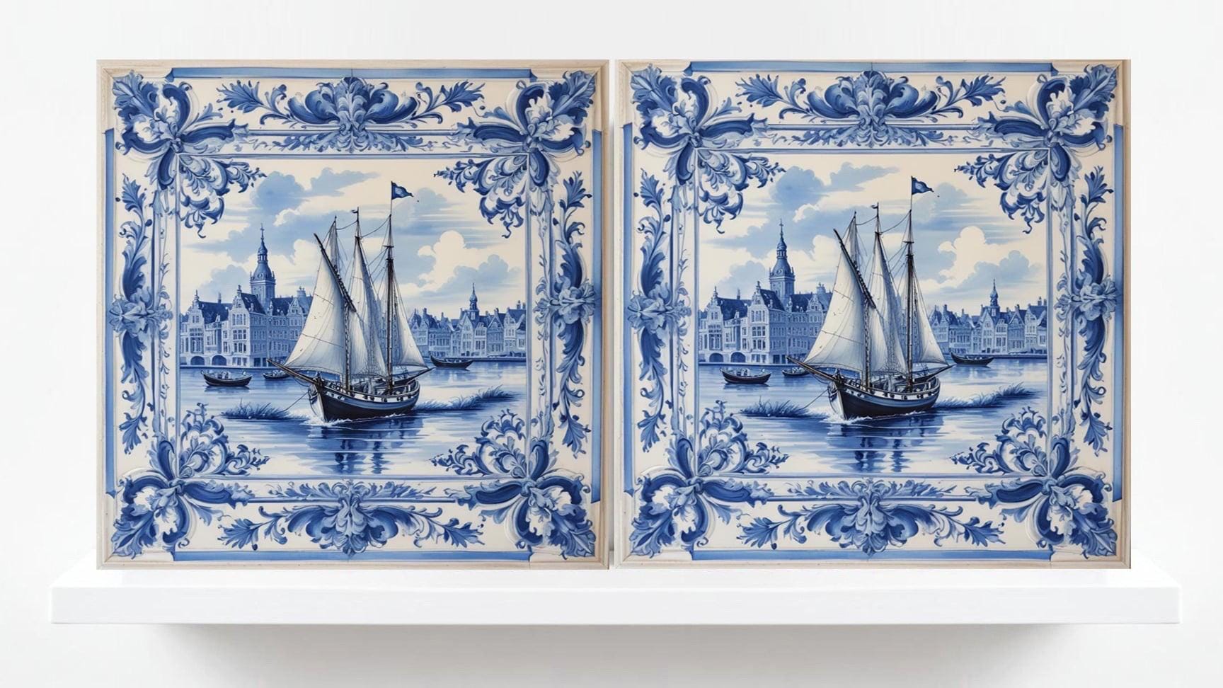 Delft Blue Ceramic Tile - Set of 2 Ceramic Delftware Tiles-Delft Tile with Ship - Delft Prints- Kitchen Backsplash,Sink,Bathroom,Shower Wall