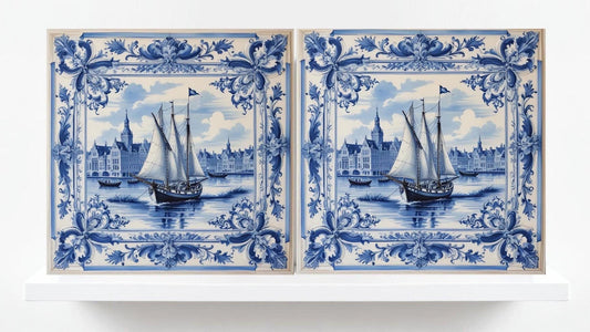 Delft Blue Ceramic Tile - Set of 2 Ceramic Delftware Tiles-Delft Tile with Ship - Delft Prints- Kitchen Backsplash,Sink,Bathroom,Shower Wall