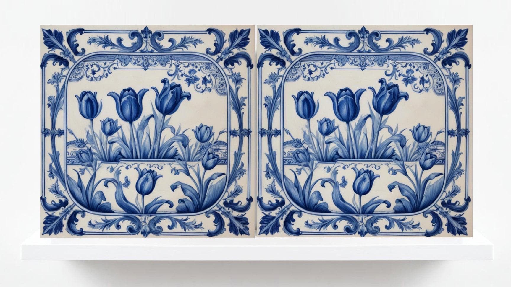 Delft Tulip Tile - Delft Blue Tile - Set of 2 Ceramic Delftware Tiles- Flower Tiles - Delft Prints Wall - Kitchen Backsplash, Sink,Bathroom
