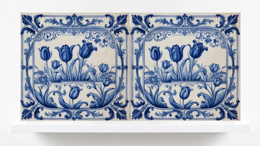 Delft Tulip Tile - Delft Blue Tile - Set of 2 Ceramic Delftware Tiles- Flower Tiles - Delft Prints Wall - Kitchen Backsplash, Sink,Bathroom