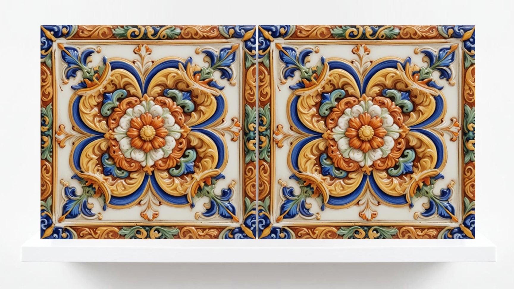 Italian Majolica Floral Tiles - Set of 2 Mediterranean Flower Wall Decor -Kitchen Backsplash,Bathroom, Shower Wall,Fireplace,Sink Splashback