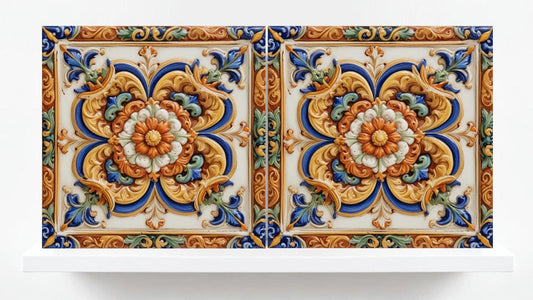 Italian Majolica Floral Tiles - Set of 2 Mediterranean Flower Wall Decor -Kitchen Backsplash,Bathroom, Shower Wall,Fireplace,Sink Splashback