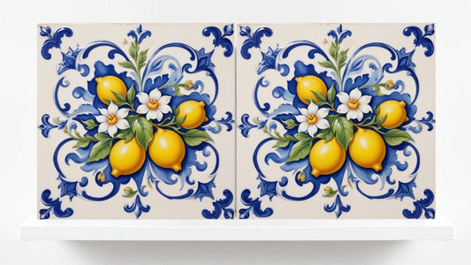 Italian Majolica Lemon Tiles - Set of 2 Italian Wall Decor Tiles - Kitchen Backsplash Tiles, Table Decorative Tiles, Bathroom Tiles, Coaster