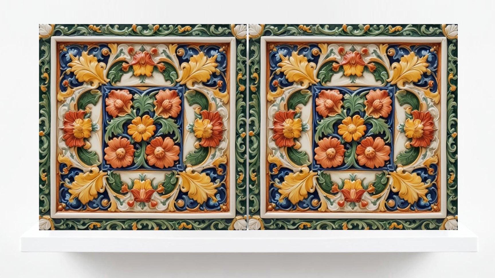Italian Majolica Floral Tiles - Set of 2 Mediterranean Flower Wall Decor -Kitchen Backsplash,Bathroom, Shower Wall,Fireplace,Sink Splashback