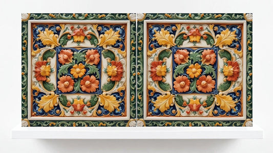 Italian Majolica Floral Tiles - Set of 2 Mediterranean Flower Wall Decor -Kitchen Backsplash,Bathroom, Shower Wall,Fireplace,Sink Splashback