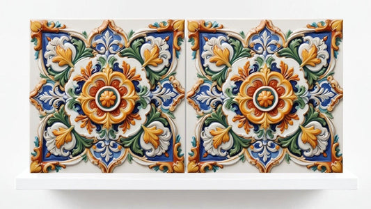 Italian Majolica Floral Tiles - Set of 2 Mediterranean Flower Wall Decor -Kitchen Backsplash,Bathroom, Shower Wall,Fireplace,Sink Splashback