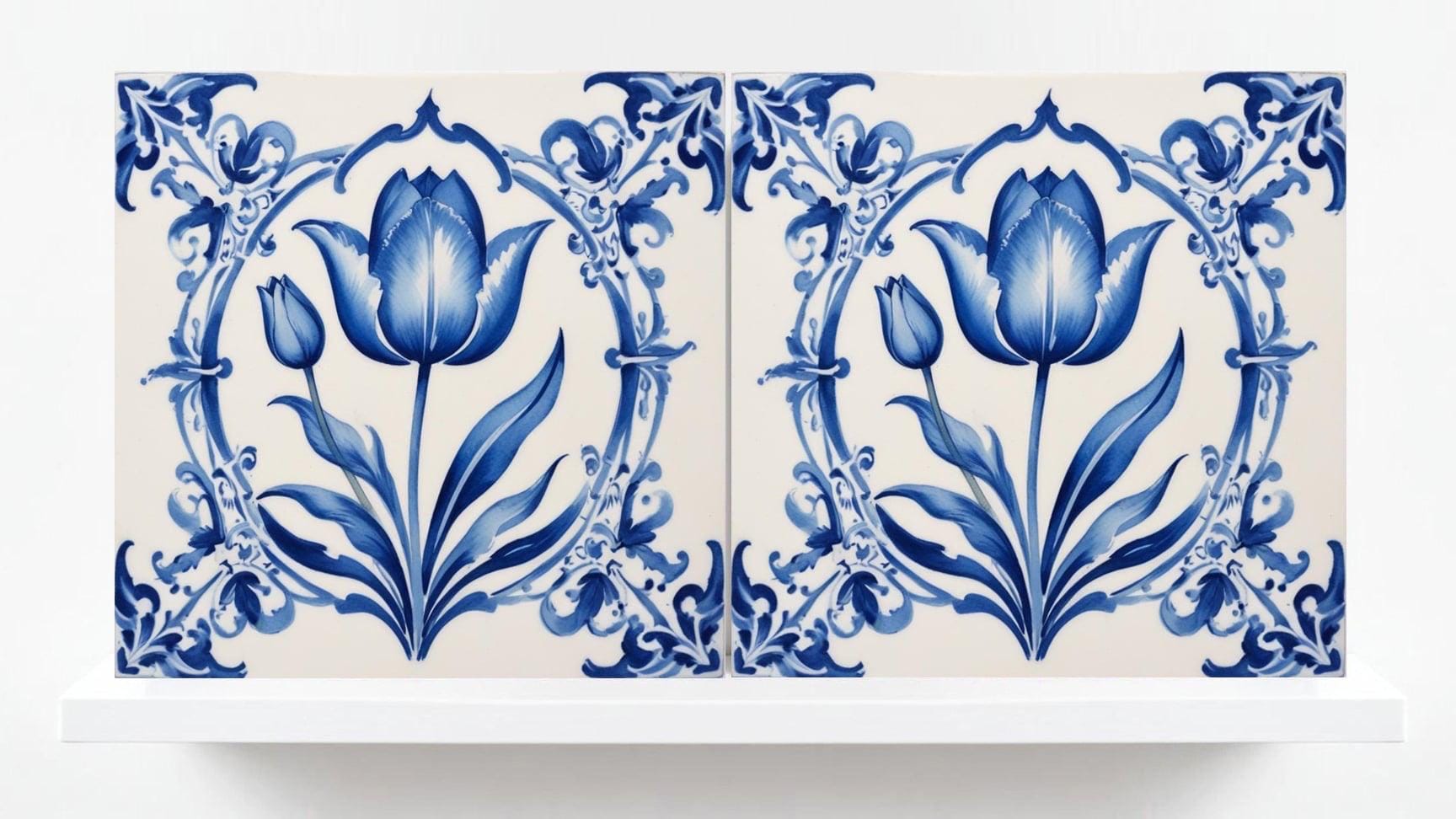 Delft Tulip Tile - Delft Blue Tile - Set of 2 Ceramic Delftware Tiles- Flower Tiles - Delft Prints Wall - Kitchen Backsplash, Sink,Bathroom