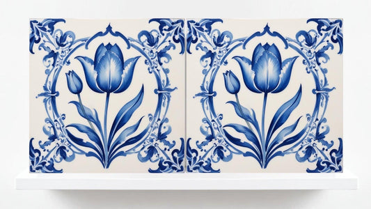 Delft Tulip Tile - Delft Blue Tile - Set of 2 Ceramic Delftware Tiles- Flower Tiles - Delft Prints Wall - Kitchen Backsplash, Sink,Bathroom
