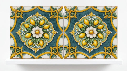 Italian Majolica Lemon Tiles - Set of 2 Mediterranean Flower Wall Decor -Kitchen Backsplash,Bathroom, Shower Wall,Fireplace,Sink Splashback