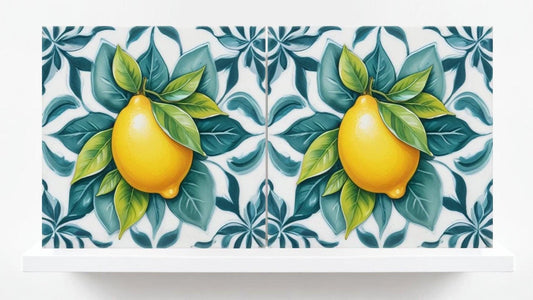 Italian Majolica Lemon Tiles - Set of 2 Mediterranean Wall Decor Tiles -Kitchen Backsplash,Bathroom,Shower Wall,Fireplace, Sink Splashback