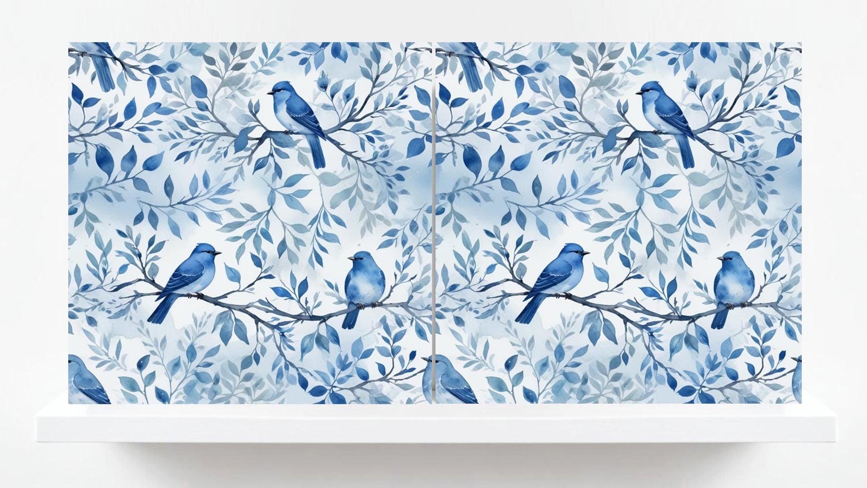 Blue Bird Ceramic Tiles - Set of 2 Botanical Wall Art Print Decor Tiles -Kitchen Backsplash,Bathroom,Shower Wall,Sink Splashback,Fireplace
