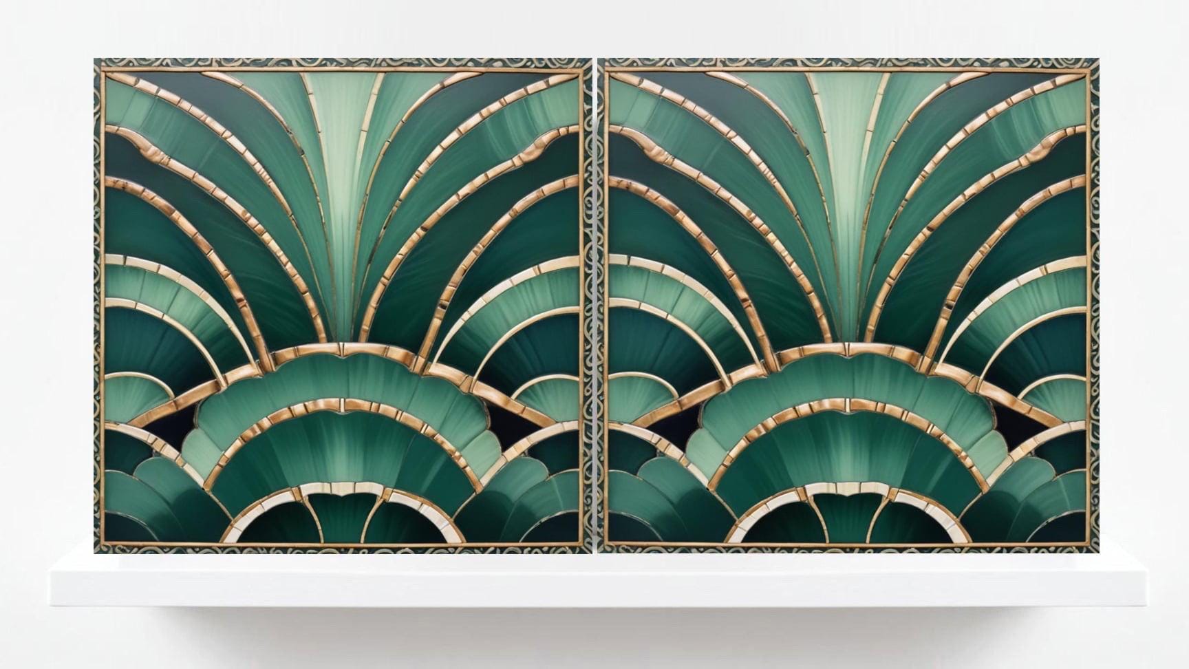 Art Deco Ceramic Tiles Green- Set of 2 Retro Wall Decor Geometric Tiles - Kitchen Backsplash,Sink Splashback,Shower, Bathroom Art,Fireplace