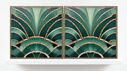 Art Deco Ceramic Tiles Green- Set of 2 Retro Wall Decor Geometric Tiles - Kitchen Backsplash,Sink Splashback,Shower, Bathroom Art,Fireplace