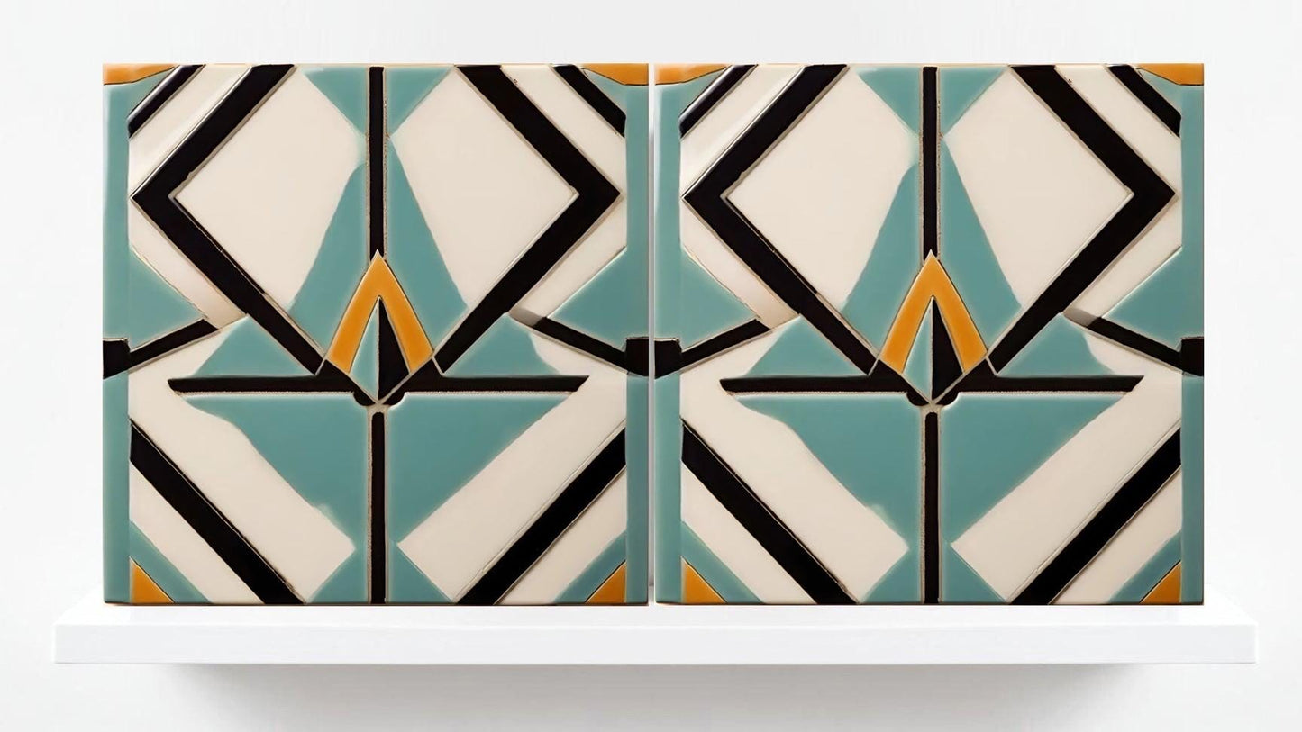 Art Deco Ceramic tiles Blue - Set of 2 Retro Wall Decor Geometric Tiles - Kitchen Backsplash , Bathroom, Sink Splashback, Accent Wall Art
