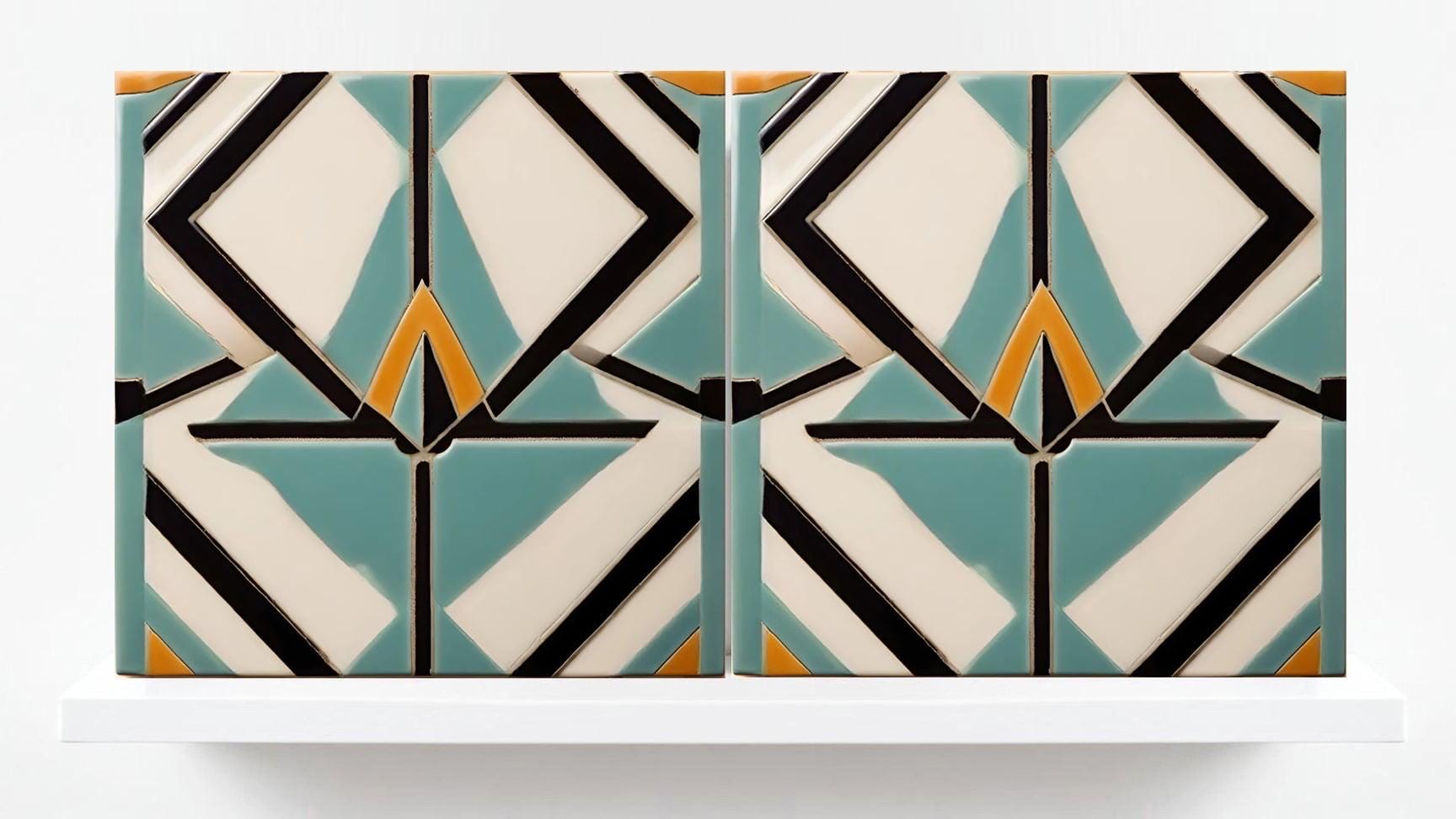 Art Deco Ceramic tiles Blue - Set of 2 Retro Wall Decor Geometric Tiles - Kitchen Backsplash , Bathroom, Sink Splashback, Accent Wall Art