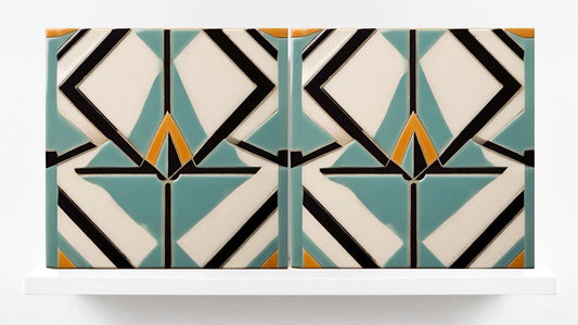 Art Deco Ceramic tiles Blue - Set of 2 Retro Wall Decor Geometric Tiles - Kitchen Backsplash , Bathroom, Sink Splashback, Accent Wall Art
