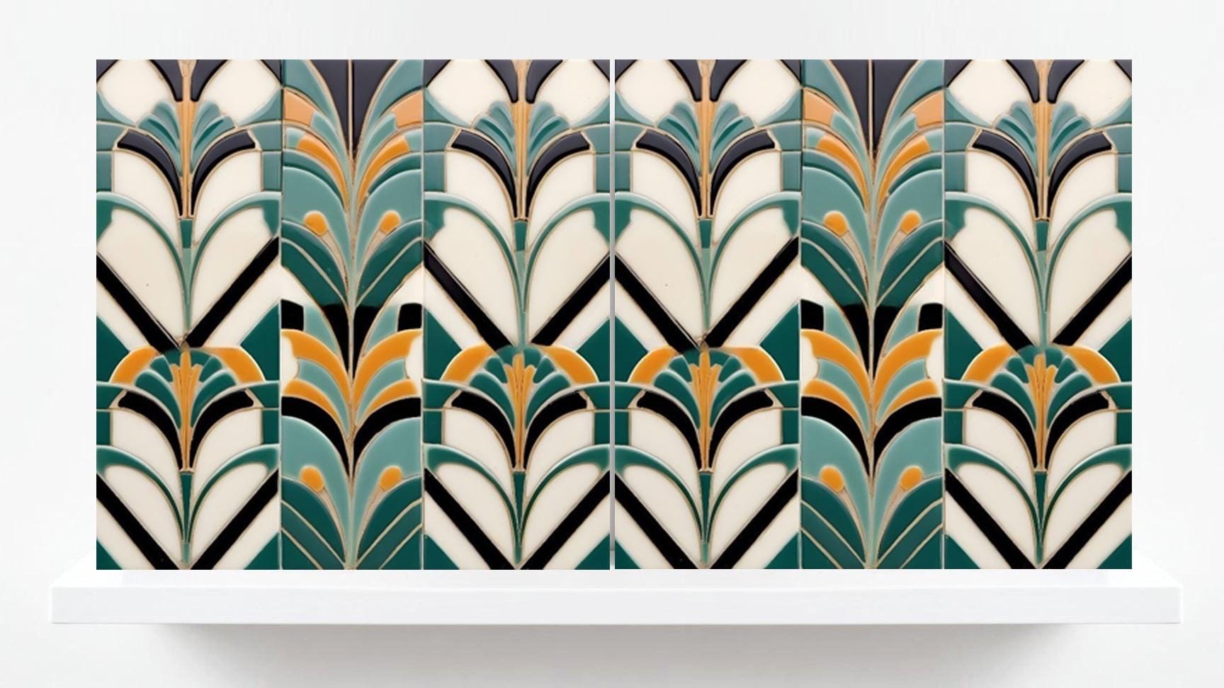 Art Deco Ceramic Tiles Green- Set of 2 Retro Wall Decor Geometric Tiles - Kitchen Backsplash,Sink Splashback,Shower, Bathroom Art,Fireplace