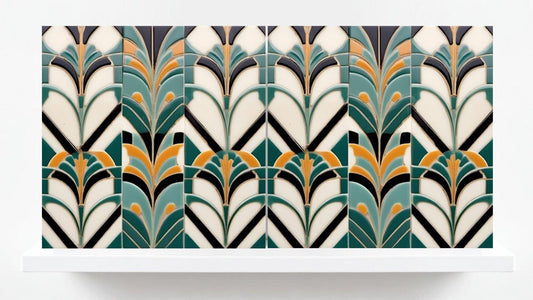 Art Deco Ceramic Tiles Green- Set of 2 Retro Wall Decor Geometric Tiles - Kitchen Backsplash,Sink Splashback,Shower, Bathroom Art,Fireplace