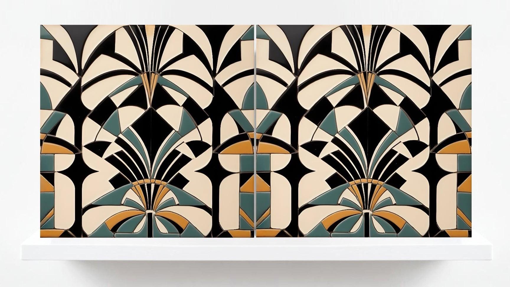 Art Deco Tile Backsplash - Set of 2 Retro Wall Decor Geometric Tiles - Kitchen, Bathroom, Sink Splashback,Shower Wall Art,Fireplace Tiles