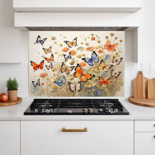 Butterfly Flower Tile Mural – Botanical Watercolor Ceramic Art