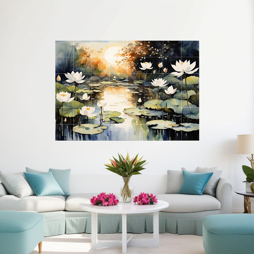 Lotus Pond Ceramic Tile Mural – Zen Bathroom & Kitchen Backsplash Botanical Wall Art