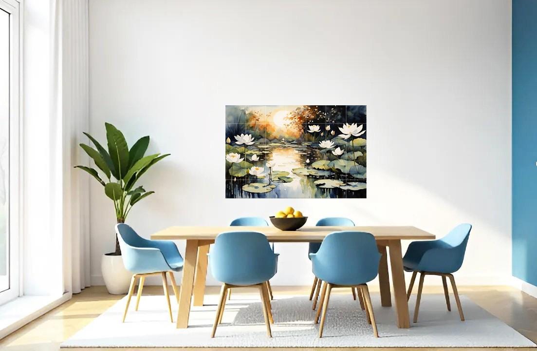 Lotus Pond Ceramic Tile Mural – Zen Bathroom & Kitchen Backsplash Botanical Wall Art