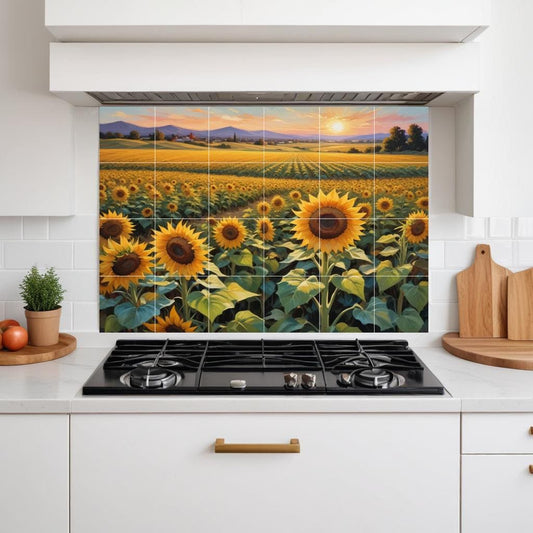 Sunflower Field Sunset Tile Mural – Rustic Kitchen Backsplash, Botanical Wall Art