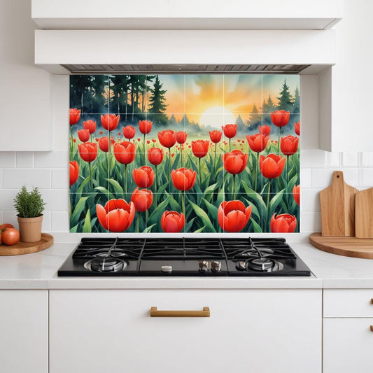 Tulip Field Tile Mural – Floral Kitchen Backsplash, Botanical Bathroom Decor, Flower Nature Wall Art