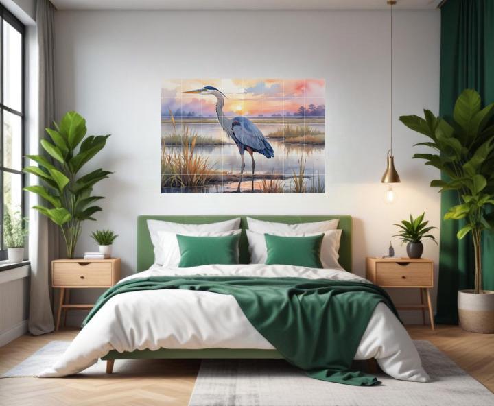 Blue Heron Tile Mural – Glossy Ceramic Bird Wall Art, Sunset Lake Nature Scene