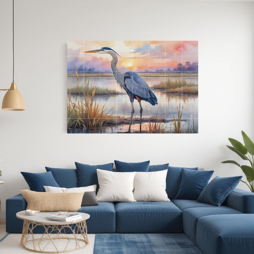 Blue Heron Tile Mural – Glossy Ceramic Bird Wall Art, Sunset Lake Nature Scene